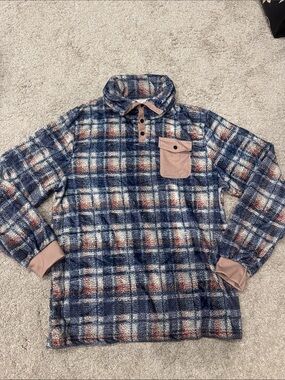Plaid Fleece Pullover with Contrast Pocket - Blue Rust Cream